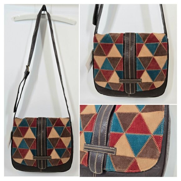 Stamp 10 Corduroy & Faux Leather Patchwork Lacy Crossbody Bag Fall Boho Gift NEW - Picture 1 of 12